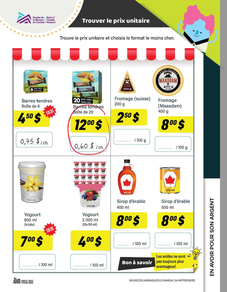 Feuille d'exercice qui ressemble à un dépliant annonçant les promotions d'un magasin d'alimentation. Chaque image de produit est accompagnée d'un prix unitaire, d'une quantité de produit et d'une case vide à remplir.