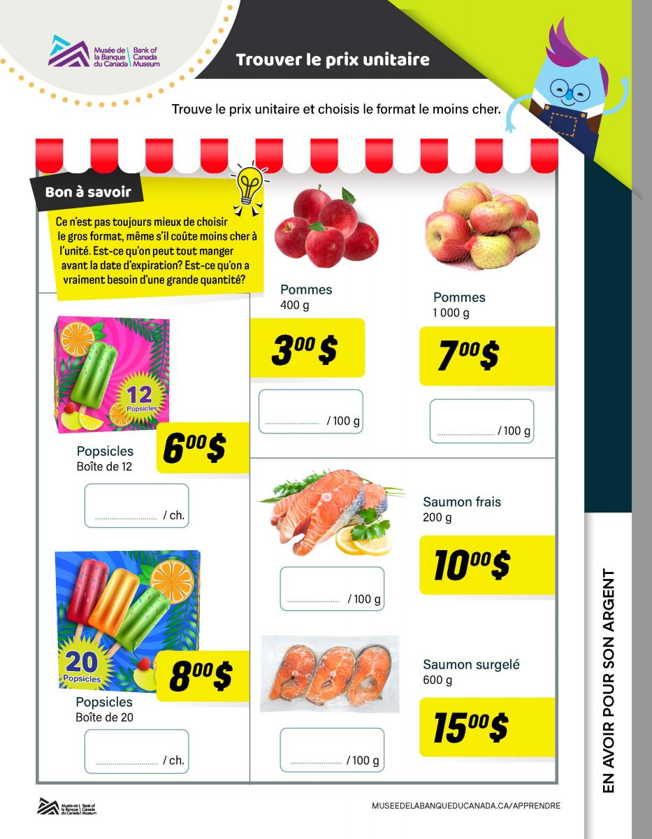 Feuille d'exercice qui ressemble à un dépliant annonçant les promotions d'un magasin d'alimentation. Chaque image de produit est accompagnée d'un prix unitaire, d'une quantité de produit et d'une case vide à remplir.