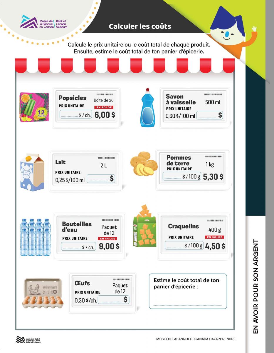 Feuille d'exercice qui ressemble à un dépliant annonçant les promotions d'un magasin d'alimentation. Chaque image de produit est accompagnée de deux prix d'emballage, d'une quantité de produit ou d'un prix unitaire.